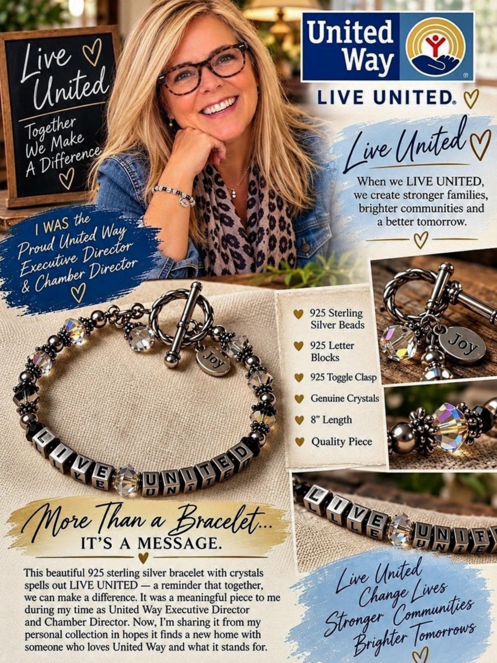 United Way Live United Crystal and Sterling Silver Bracelet .925 Gently Loved